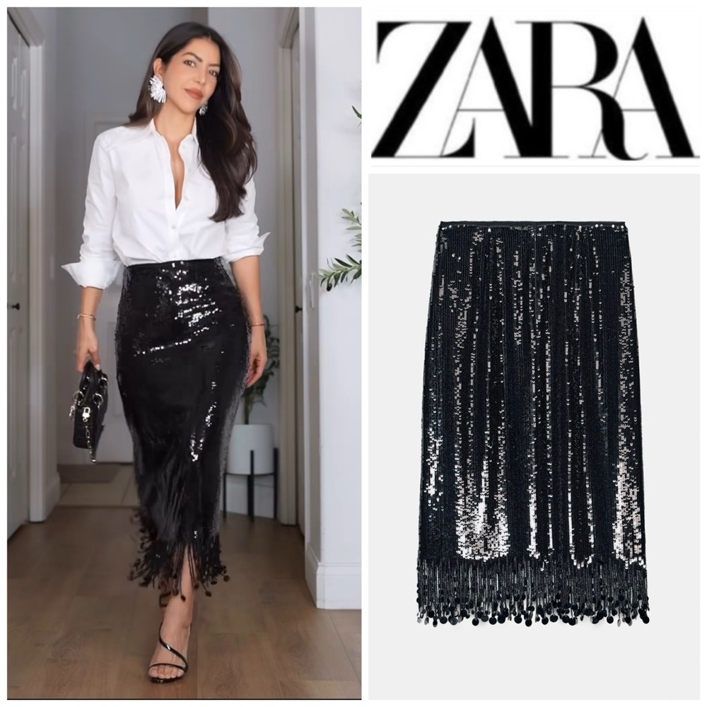 NEW. ZARA 🖤 SEQUIN LONG SKIRT - Picture 1 of 15